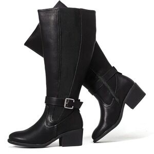 Luoika Womens Black Knee High Boots Block Heel Buckle Accent Riding‎ Boots
